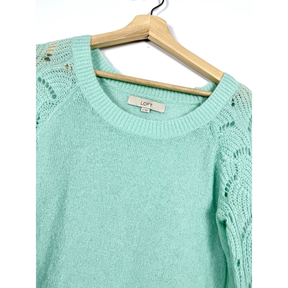 Ann Taylor LOFT Sweater Womens Small Pullover Long Sleeve Green Crochet Sleeves - Picture 3 of 9